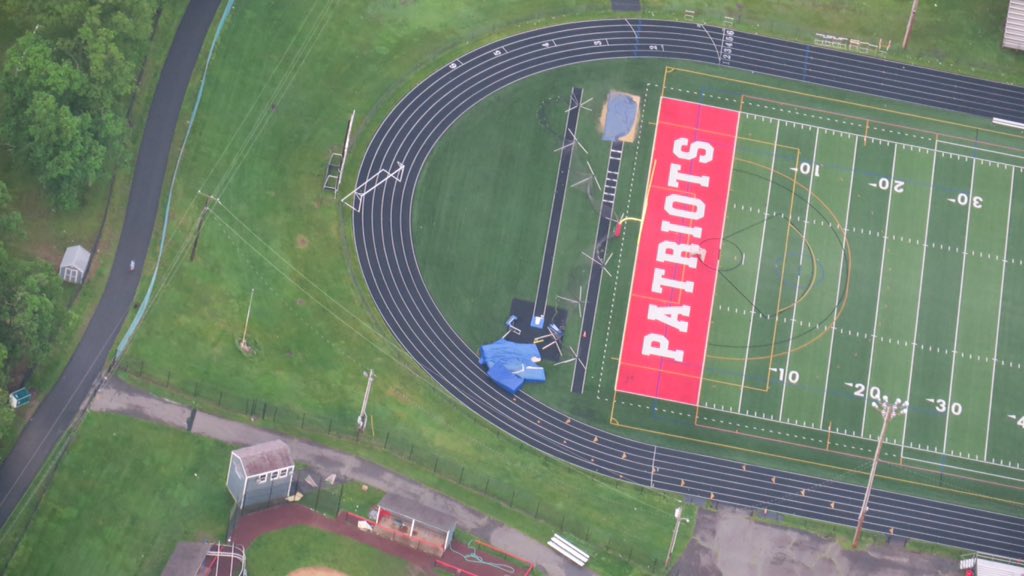 Trees down and debris on the football and baseball fields but no damage to the building at Lenape Valley Regional HS in Stanhope NJ