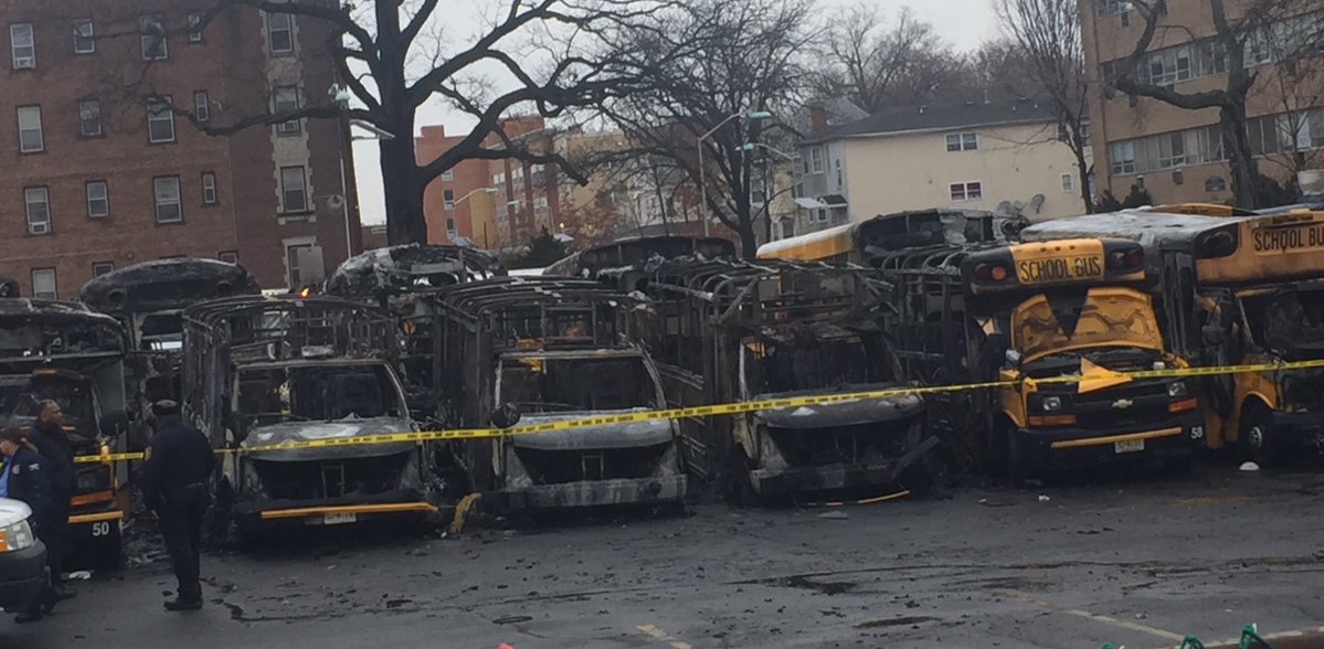 At least a dozen school buses parked in Eastorange destroyed by an early morning fire.  No word on a cause or injuries