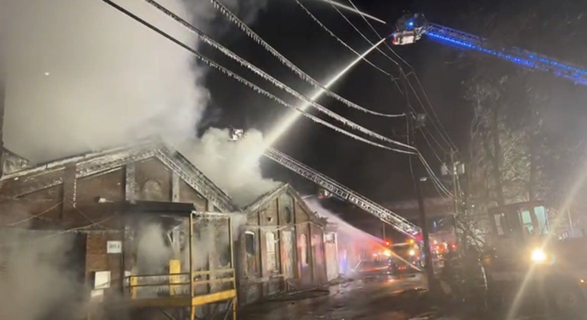 Passaic Mayor toured the scene of chemical plant fire in FB live within the hour to show the progress.  Flames still visible - no other evacuations.  DEP on scene.  So cold, everything freezes over.  Partial collapse in building of origin